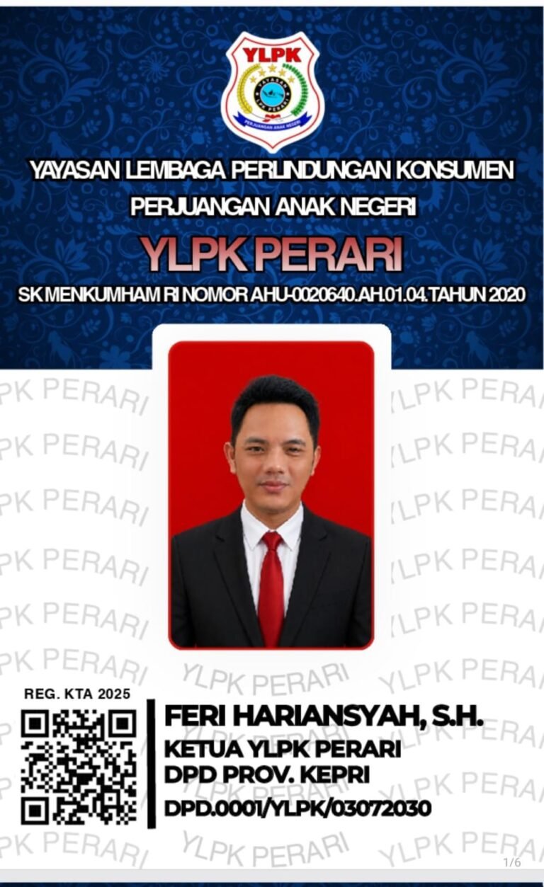 Feri Hariansyah, S.H. Dipercaya Pimpin YLPK PERARI DPD Kepulauan Riau